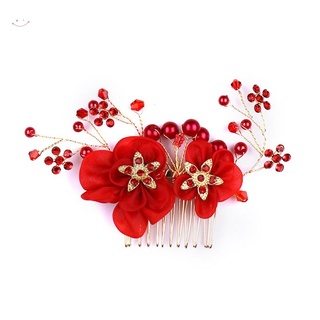 chino rojo novia peines de pelo diamantes de imitación hechos a mano boda accesorios de pelo hilo floral estilo perla peine de pelo para las mujeres