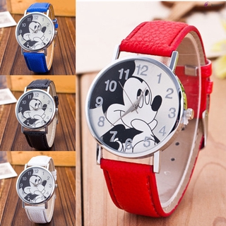 Lindos relojes de cuarzo de Mickey de dibujos animados con correa de cuero para niños y niñas