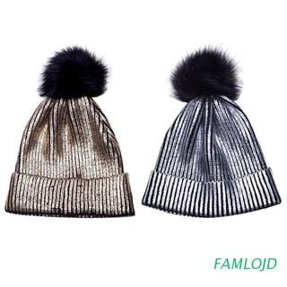 FAMLOJD Women Men Winter Cuffed Ribbed Knitted Hat Vertical Stripes Metallic Gold Coated Glitter Crochet Stretchy Beanie Cap With Fluffy Pompom Ball