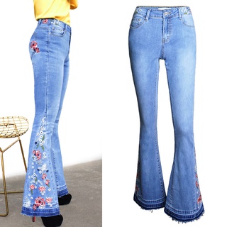 Pantalones De mezclilla ajustados para mujer con Bordado De Flores/piernas anchas/Cintura Alta