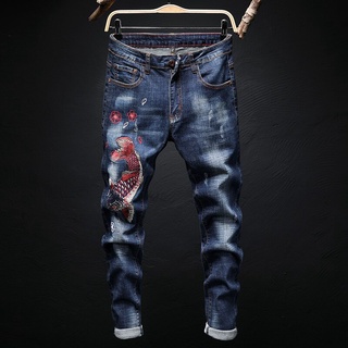 hombres bordado jeans moda alta calle agujero rasgado elástico slim jeans hombres 2021 primavera casual denim recto pantalones