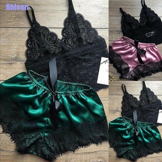 Ahlsen 2 piezas de ropa de dormir de encaje para mujer/lencería Tops/conjunto de pantalones cortos Babydoll/pijamas/ropa de dormir