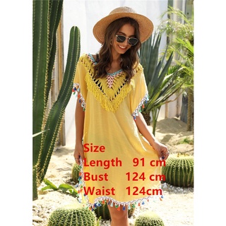 mujer playa cubrir vestido flecos túnica amarillo ropa 2021 femme verano mujeres borla bohemia mujer traje de baño encubrimientos pareos (3)