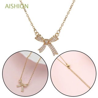 AISHION 1 pcs Coreano Collar de arco de circón Collar de clavícula Diseño de lujo ligero Colgante de arco Regalo de cumpleaños Joyería de moda Nuevo Dulce Acero de titanio