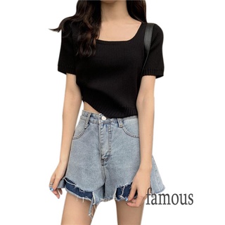 ♟Women Rib Knit T-Shirts, Casual Short Sleeve Scoop Neck Solid Color Slim