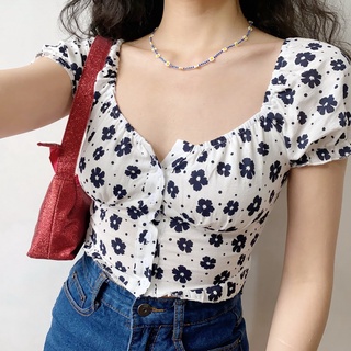 u-collar blanco floral puff manga floral camisa corta mujer blusa slim fit pequeño crop top