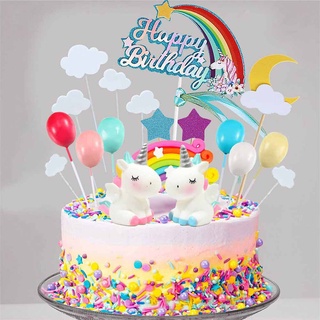 21 piezas de decoración para tartas de unicornio, diseño de arco iris, decoración de feliz cumpleaños