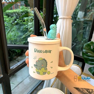 Versión coreana de taza de dinosaurio de dibujos animados lindo desayuno leche taza de cerámica taza de agua niño y niña niños con tapa cuchara succión