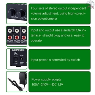 amplificador de audio estéreo 1 en 4 salidas, distribuidor de señal de amplificador, entrada de 1 canal, salida de 4 canales, interfaz rca, ajuste de volumen independiente para altavoces caseros (6)