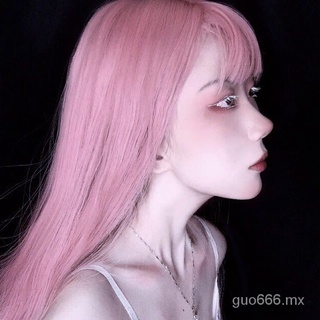lolitaPseudo-madre cubierta de pelo bidimensional Harajuku peluca femenina realista Air flequillo largo pelo liso peluca rosa claro yZPG