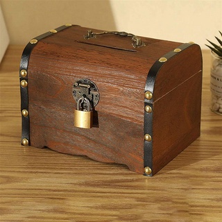 Caja del tesoro de madera alcancía con cerradura caja de almacenamiento A9J6 (6)