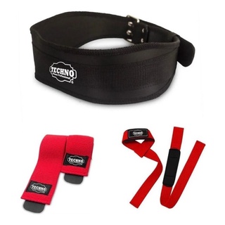 Cinturón Para Pesas + Straps + Rodilleras Pack Gym Rojo