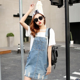 *QS Fashion Loose Denim Dress Preppy Style Letters Strap Ripped Hole Dresses (5)