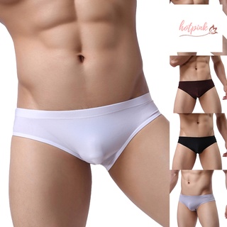 hotpink Sexy Men\'s Underwear Solid Color Mid Rise Ice Silk Briefs Elastic Underpants