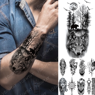 impermeable temporal tatuaje pegatina bosque luna vuelo pájaro oso flash tatuajes leopardo lobo tigre cuerpo arte brazo tatoo hombres