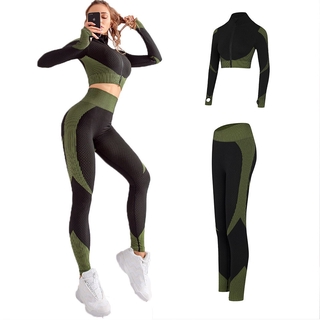 2 piezas conjunto de mujeres traje deportivo gimnasio entrenamiento ropa completa cremallera manga larga Fitness Crop Top cintura alta sin costuras polainas Yoga conjunto (4)