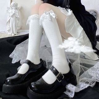 Zzz mujeres Lolita encaje volantes volantes rodilla alta calcetines Kawaii dulce Bowknot verano estiramiento Color sólido medias largas Hosiery Cosplay disfraz (7)