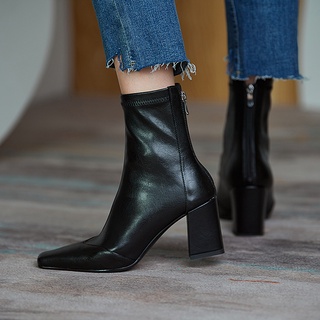 Botas marrones francesas que adelgazan las botas cortas Retro de otoño e invierno de las mujeres de media pantorrilla de punta cuadrada botas delgadas de tacón grueso botas elásticas de tacón alto (2)
