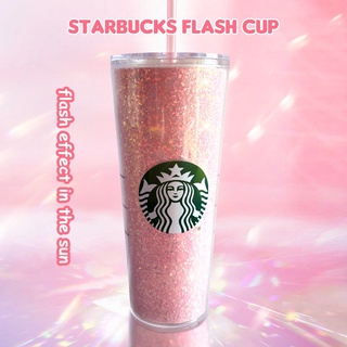 elle [Flash] Vaso Starbucks Estilo ins , Limitado , Reutilizable , Taza De Paja , Botella De Agua Fría Plástico , Brillo