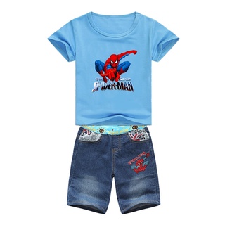 Spider Man niños traje de moda niños traje de niños camiseta y niños pantalones cortos de mezclilla traje de niño (1)