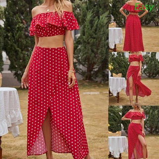 Easy mujer traje de 2 piezas hombro fuera lunares Crop Top y falda larga conjunto (rojo)