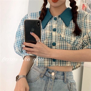 Estudiante de estilo coreano Chic cuello de muñeca camisa a cuadros puff manga corta camisa de las mujeres [Chic]