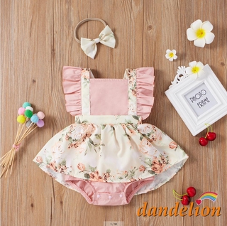 DANDELION-Baby Girl Girl´s Fly Sleeve U-neck Floral Printed Romper+ Hair Band