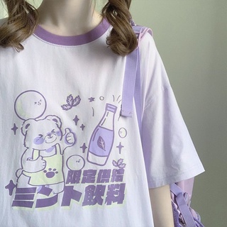 Japón Fresco De Manga Corta t-shirt Femenino Dulce Lindo De Dibujos Animados De Impresión Suelta Estudiante Todo-Partido Costura Púrpura Camiseta Femenina top
