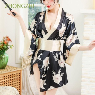 ZHONGZHI New Kimono pajamas Sweet Cardigan Skirt Lingerie Set Women Dress Thong Sexy Uniform Floral Print Sleepwear/Multicolor