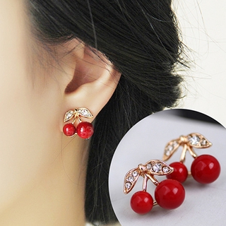 Pendientes de invierno para mujer rojo cereza transparente Rhinestone pendientes de oreja perlas de aleación dorada hojas pendientes