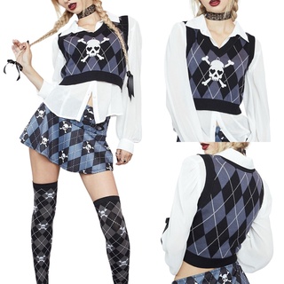 Punk Style Calavera Impreso Tanque De Tejer e-Girl Mall Goth Manga Slim pull 90s Mujer's vintage Argyle kawaii Mujer s Suéter (5)
