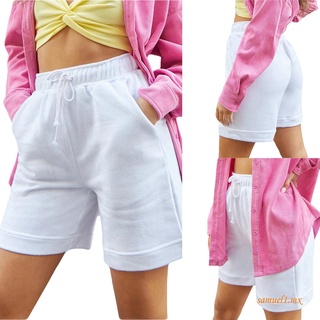 pantalones cortos casuales de verano para mujer, color sólido, con cordón de cintura alta, pantalones cortos (8)