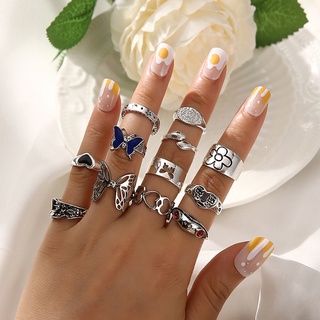 12 Pcs/Set Fashion Vintage Butterfly Snake Frog Rings Set Sweet Adjustable Open Punk Rings for Women Men Party Jewelry (1)