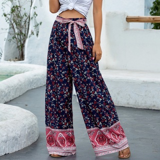 Vintage Pants Women Floral Print Wide Leg Bohemian Pants Ladies Sashes Loose Rayon Boho Long Pants M Size Navy Blue (5)