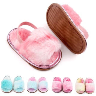 Spring Autumn Baby Girls Sandals Coral Fleece Elastic Back Strap Flats Shoes Rubber Sole Infant Toddler Kids Slippers 0-18M