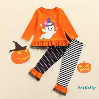 Aqq-baby Girl Tops pantalones traje, Halloween manga larga cuello redondo volantes rayas pantalones sueltos