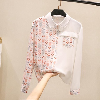 Diseño sentido nicho top nuevo estilo extranjero impreso manga larga gasa camisa mujer