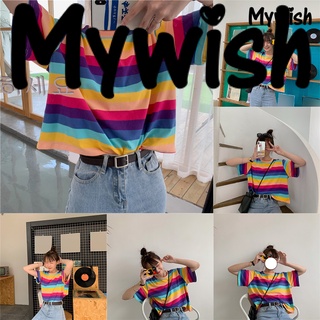 [mywish] Camiseta/blusa De manga corta para mujer con cuello Redondo/rayas De arcoíris/talla grande