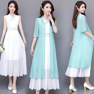 Vestido de mujer ♟Saiz dos hebras estilo chino mujeres Hanfu dos piezas verano 2020 nueva gasa gorda sobre vestidos de rodilla❇ (1)