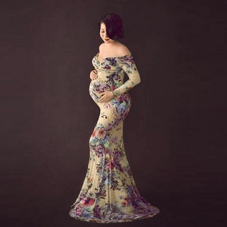 Twice**Mujeres embarazadas fotografía accesorios fuera de hombro manga larga maternidad impresión vestido
