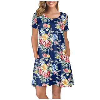 vestido casual de verano con estampado floral con bolsillos y manga corta para mujer