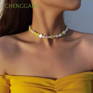 CHENGGANG Dulce Gargantilla de perlas de imitación Linda Joyas de collar Collar de perlas sonrientes Barroco Cuentas irregulares Mujeres niñas coreano Conciso Perlas de la cara de la sonrisa