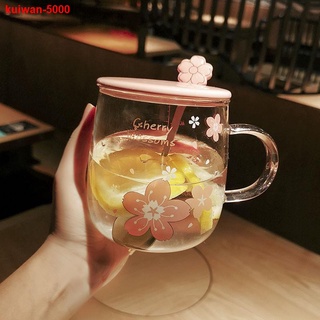 Cherry blossom creative - taza de agua de vidrio resistente al calor con tapa con tapa, cuchara, oficina, niña, flor, té