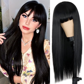 largo negro recto peluca con flequillos pelucas sintéticas para las mujeres natural cabello resistente al calor negro peluca sintética para las mujeres