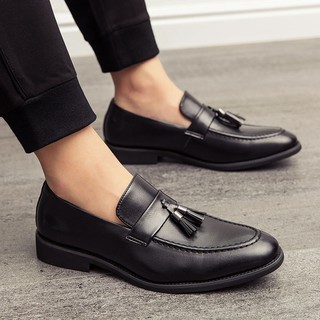 hombres de negocios zapatos de cuero formal slip-ons borla zapatos negro