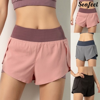 seafeel Double Layer Running Shorts High Waist Women Side Pocket Wide Waistband Yoga Shorts Short Pants