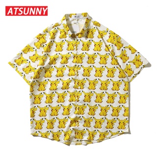 ATSUNNY Pikachu Impresión De Manga Corta Camisa HipHop Streetwear Casual Hombre Verano Moda Hawaiian Camisas Tops