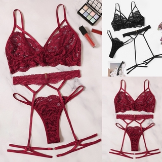 ♛fiona01♛ New Women Sexy Lace Bra Hollow Thong Garter Sleepwear Black Lingerie Set S-XL