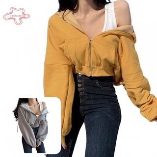 pantherpink Women Long Sleeve Solid Color Pocket Crop Top Plush Warm Zipper Coat Hoodie