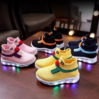 Los niños zapatos deportivos niños y niñas LED luz calcetines zapatos transpirables volando tejido deportes de dibujos animados pato zapatos para correr